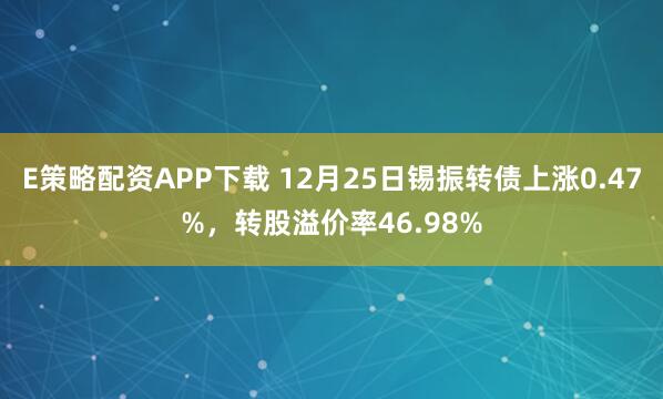 E策略配资APP下载 12月25日锡振转债上涨0.47%，转股溢价率46.98%